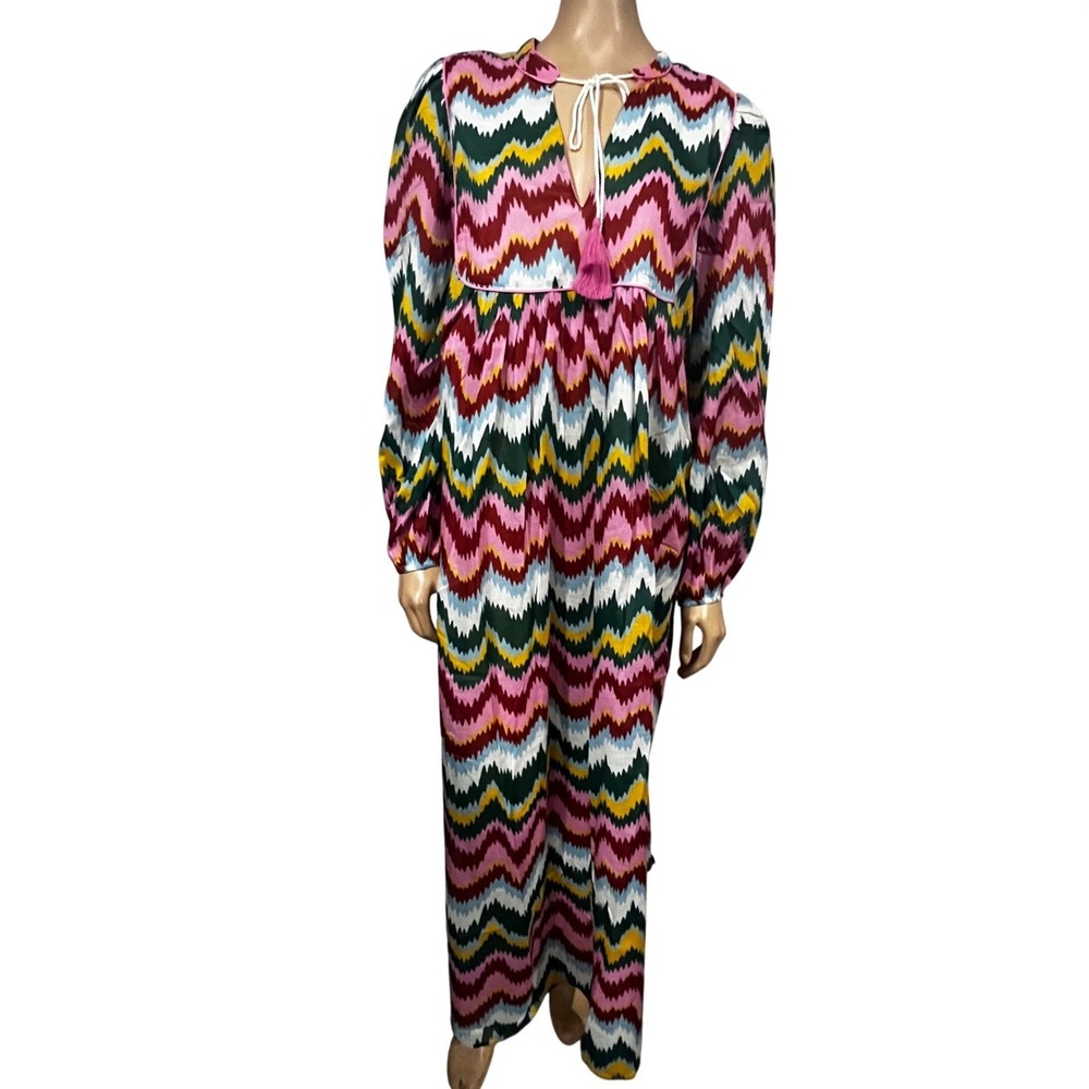 Boden Chevron Zigzag Maxi Dress Pink Green Yellow Tassel Tie US 8R NEW - Picture 6 of 13
